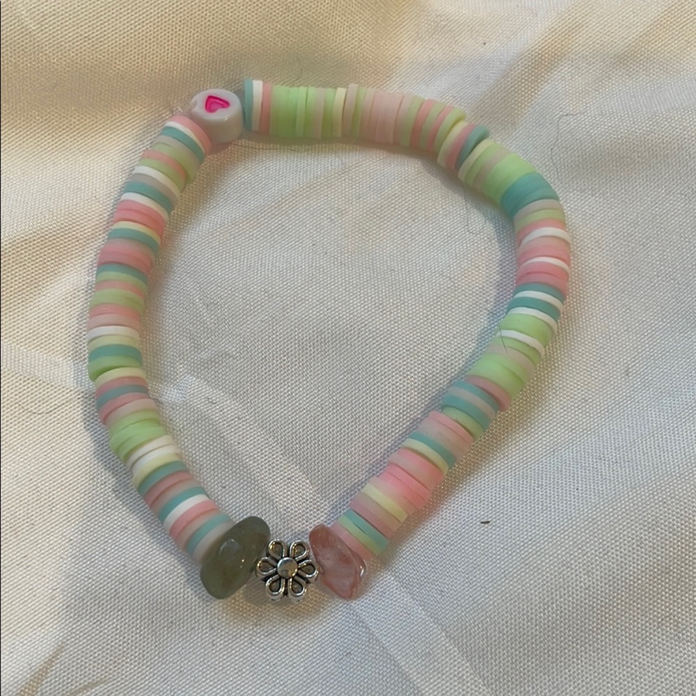 Colorful Beaded Bracelet with Flower Charm with pink and green stones